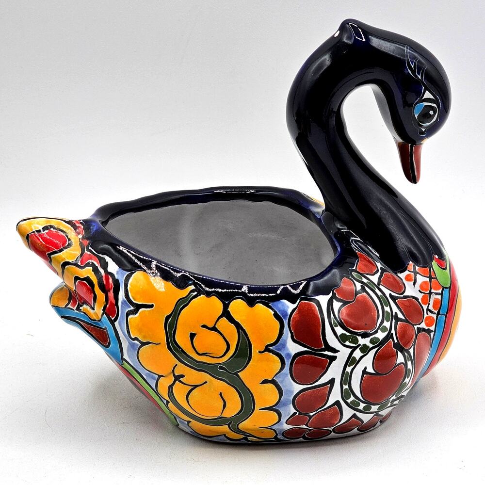 Talavera Mexican Pottery Swan Planter Hand Painted Ceramic Colorful Folk Art